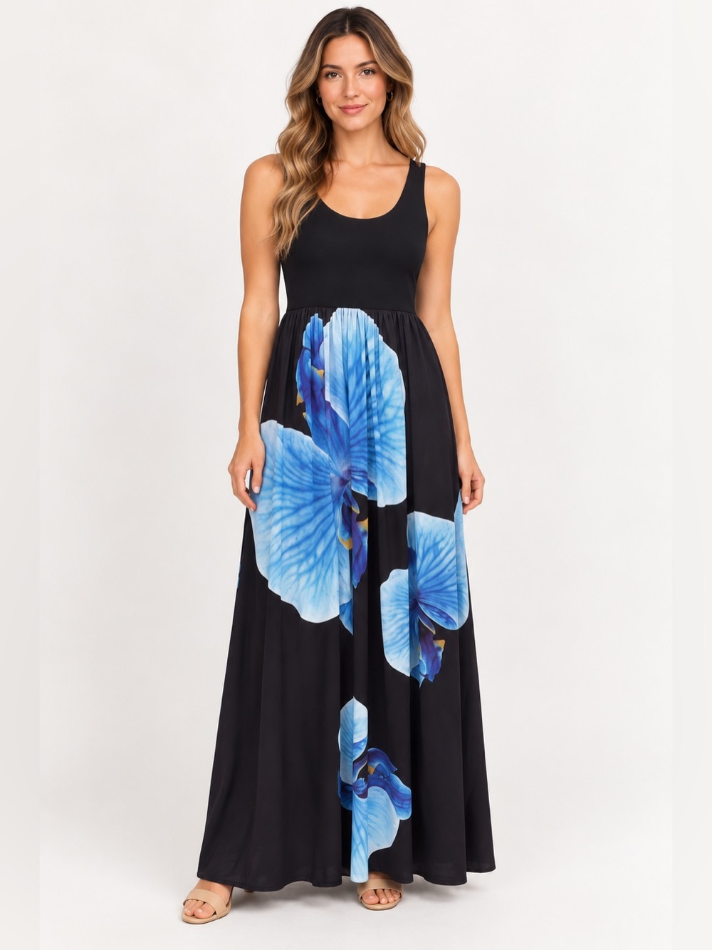 Alice + Olivia Black Blue Floral Sleeveless Maxi Dress